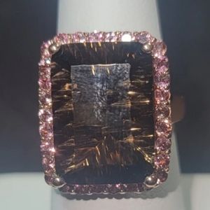 R403  Rose Gold Smoky Quartz and Pink Tourmaline Cocktail Ring